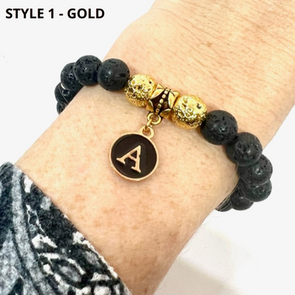 Natural Lava Bead and Dalmation Jasper Beaded Initial Charm Bracelet