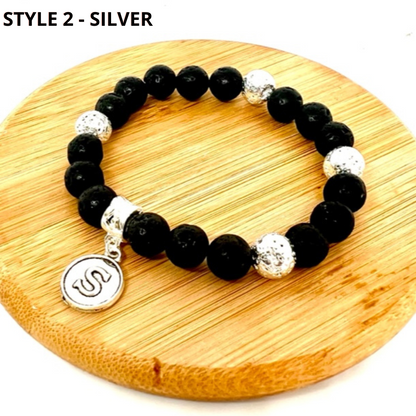 Natural Lava Bead and Dalmation Jasper Beaded Initial Charm Bracelet