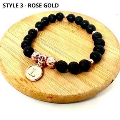 Natural Lava Bead and Dalmation Jasper Beaded Initial Charm Bracelet