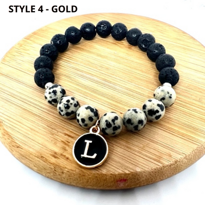 Natural Lava Bead and Dalmation Jasper Beaded Initial Charm Bracelet